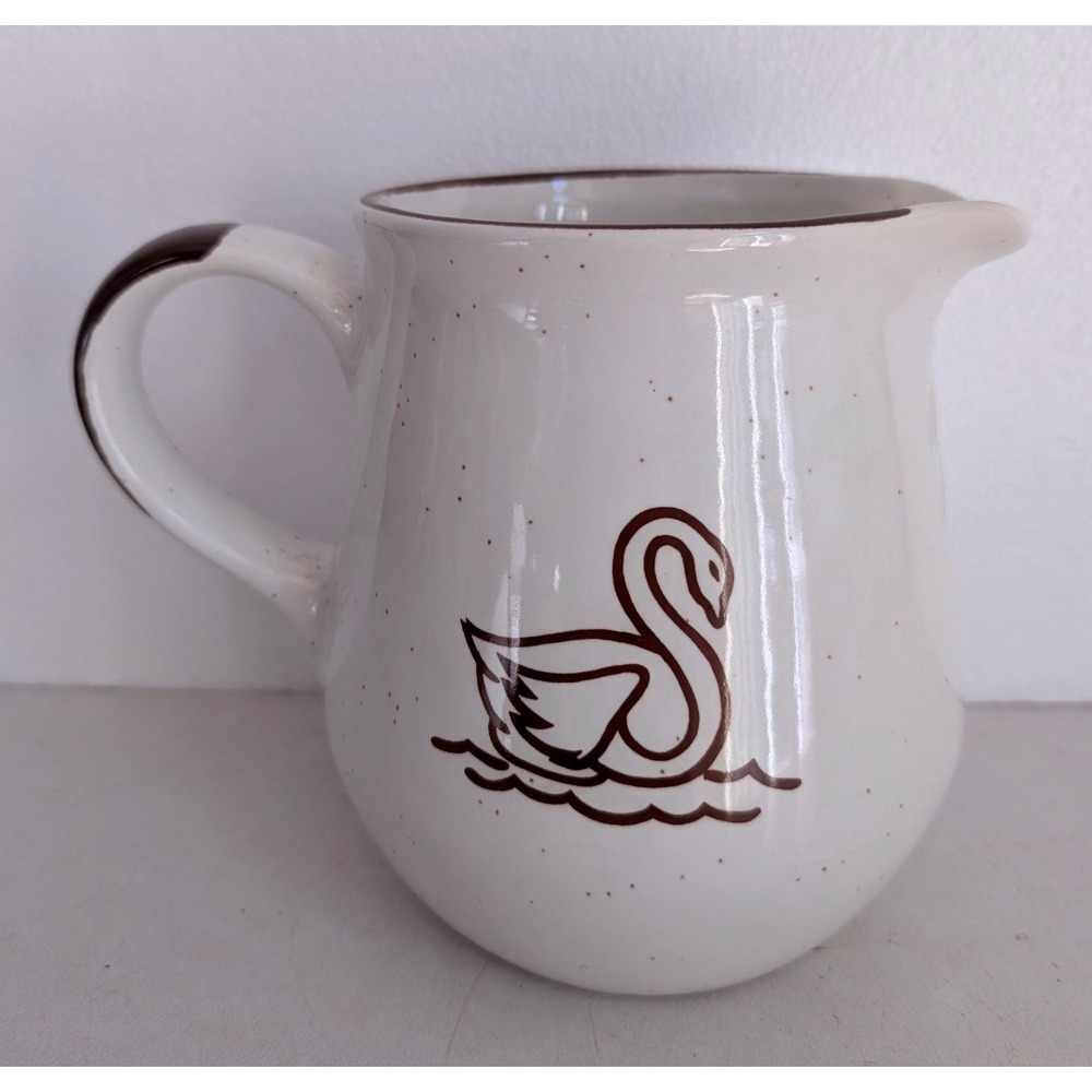 Vintage Swan Stoneware Creamer Pitcher White Brown Speckled Farmhouse Decor